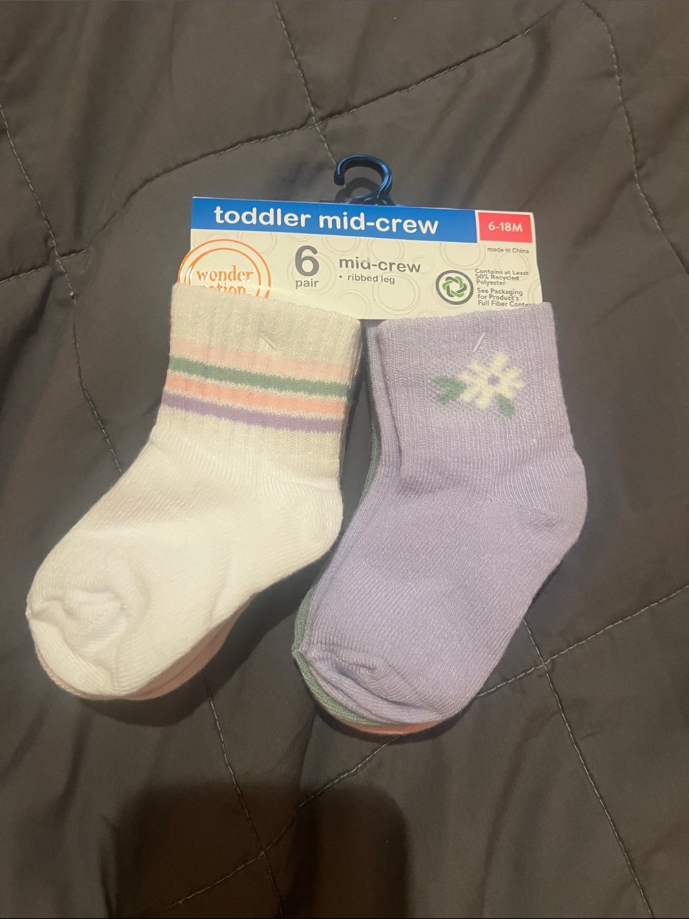 Wonder Nation Toddler Mid-Crew Socks - White & Lavender (6 Pack)